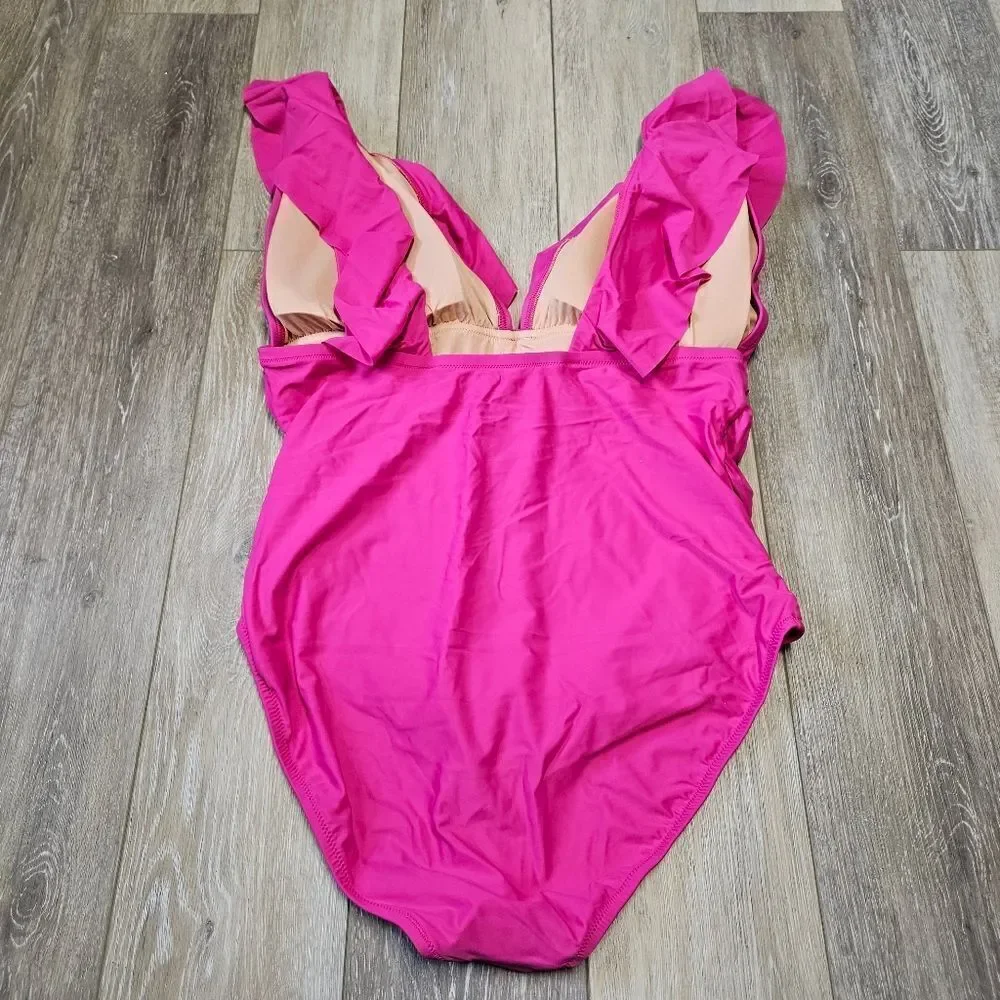 J. Crew Ruched V Neck Ruffle One Piece Swimsuit Women's Plus 20 Fuchsia Pink